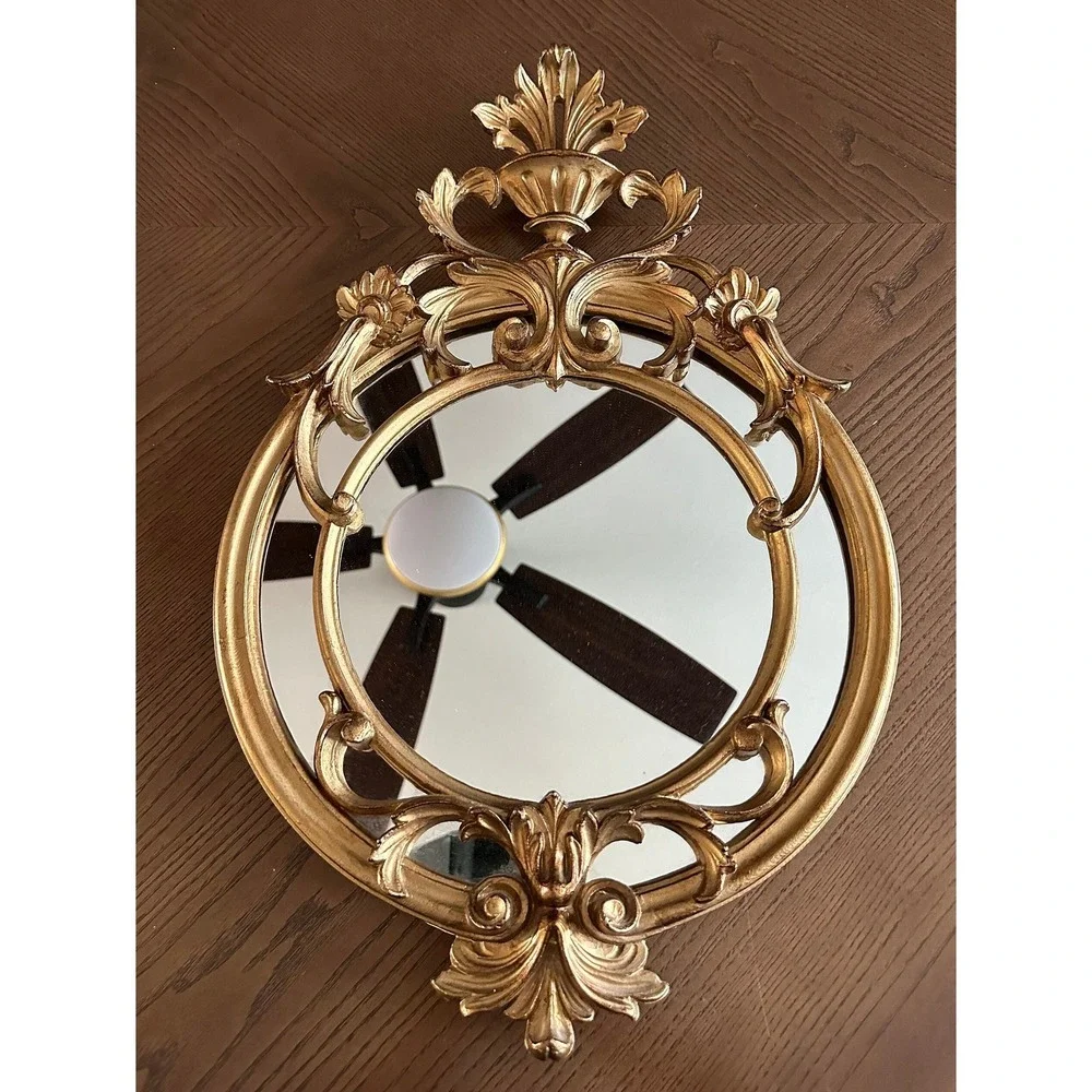 1950s Vintage Gilded Round Italian Wall Mirror Old Hollywood Gilded Baroque